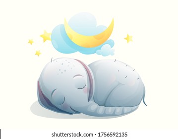 Baby elephant sleeping on the moon, good night and happy dreams card design for children. Dreamy adorably animal cub. Kids watercolor style elephant animal nursery isolated vector clip art.