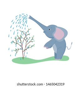 Baby elephant is standing on its hind legs and watering a tree with its trunk. Cartoon vector illustration in flat style with texture.