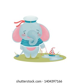 Baby elephant in a striped shirt holding a sailboat on the rope. Vector illustration on white background.