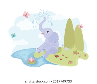 A baby elephant swims on the shore of the lake. A children s illustration depicting a baby elephant sitting on the riverbank, against a blue sky background. The baby elephant splashes in the water.