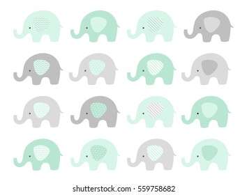 Baby elephant vector set. Cute elephants with patterned ears. Mint and Gray.