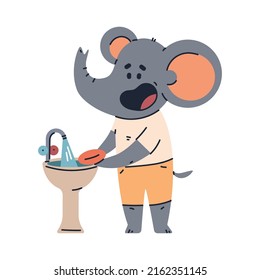 Baby elephant washing hand vector cartoon hygiene concept illustration isolated on a white background.