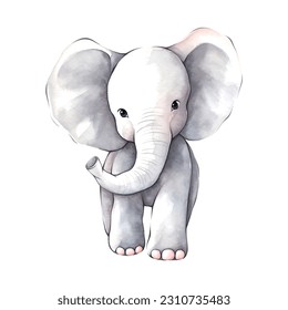 Baby elephant watercolor in cartoon style on colorful background. Greeting card template. Cartoon vector illustration.