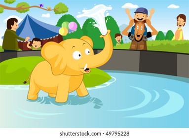 Baby Elephant at the Zoo father and son watch the baby elephant spraying water from its trunk.