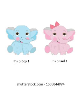 Baby elephant.It's a boy. It's a girl. Baby shower, birthday greeting card