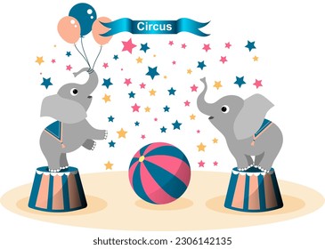 Baby elephants with ball and balloons. Vector illustration EPS 10.