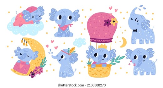 Baby elephants characters. Cute kids animals. Different poses and actions. Happy creature takes shower or sleeping on cloud. Hot air balloon flight. Dreaming cub. Vector