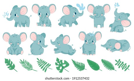 Baby elephants. Cute cartoon animal and tropical leaves. Baby shower elephant sleeps, sits and does water jet. Nursery decoration vector set for birthday invitation and greeting card
