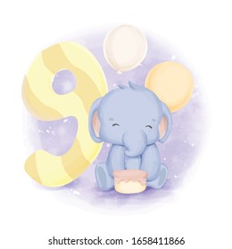 baby elephant's ninth birthday, watercolor 