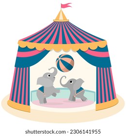 Los elefantes bebés juegan con una pelota en el circo. Ilustración del vector EPS 10.