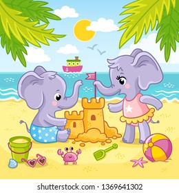 Baby elephants are playing in the sand on the beach against the backdrop of the sea and the ship. Cute animals are building a sand castle.