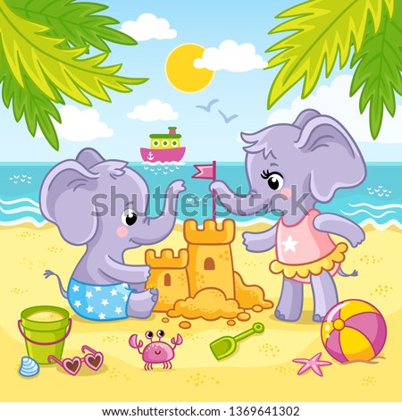 Baby elephants are playing in the sand on the beach against the backdrop of the sea and the ship. Cute animals are building a sand castle.