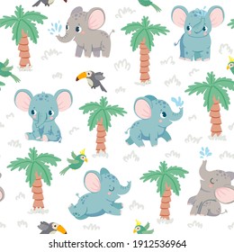 Baby elephants seamless pattern. Cartoon elephants in jungle with palm and parrots. Nursery fabric print with tropical animal vector texture. Beautiful mammal with water jet, flying bird