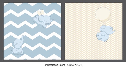 Baby elephants seamless patterns little set, backgrounds design, universal and classic backdrops for tiny boys and girls