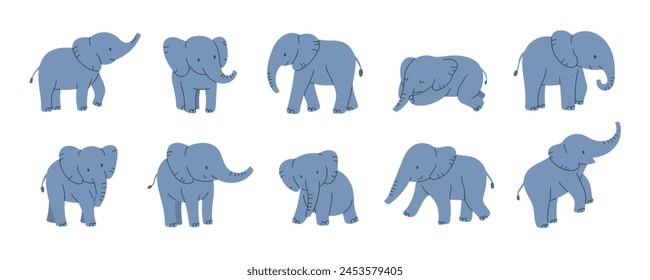 Baby elephants set. Blue calf standing, sitting and sleep posture. Flat cartoon style vector illustration isolated on white background