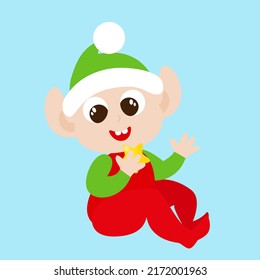 Baby elf sits and looks at the star in his hand. Cartoon children's illustration. The elf is dressed in a traditional costume of red and green.
