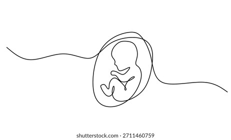 Embryo im Mutterleib, durchgehende einzeilige Zeichnung. Schwangeres Wachstum und Gesundheitskonzept. Minimalistische Vektorgrafik einzeln auf weißem Hintergrund.
