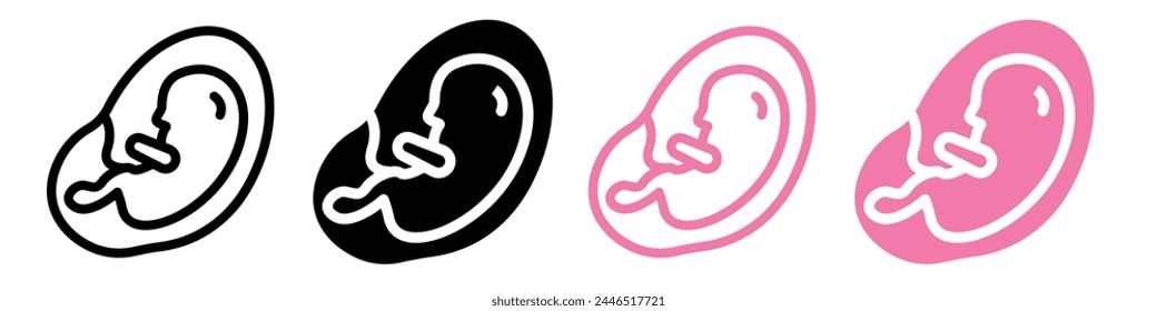 Baby-Embryo im Magen der Mutter Frauen Ikone. Schwangeres weibliches Kind in Mama Bauch Fötus Symbol. Mutterschaft Geburt im Mutterleib Set