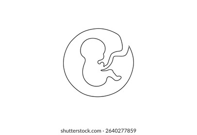 Baby embryo in womb, fetus one art line continuous drawing. Silhouette cute unborn fetus child on mother womb in minimalism, .one line drawing of baby fetus in mother's stomach in gestational age.