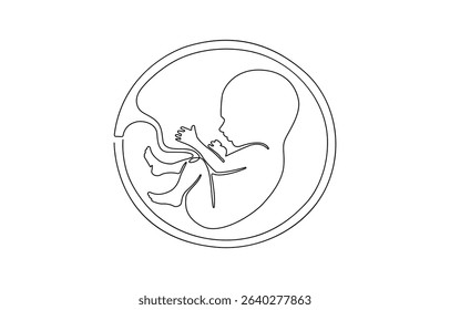 Baby embryo in womb, fetus one art line continuous drawing. Silhouette cute unborn fetus child on mother womb in minimalism, .one line drawing of baby fetus in mother's stomach in gestational age.