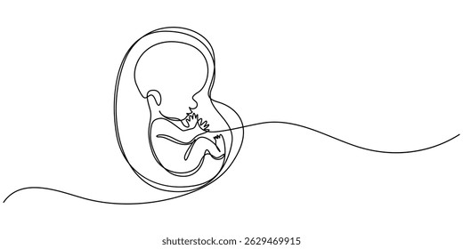 Baby embryo in womb one line drawing. Cute unborn fetus baby on mother womb isolated on white background, Baby embryo in womb in one continuous line drawing. Healthy pregnancy and premature symbol.