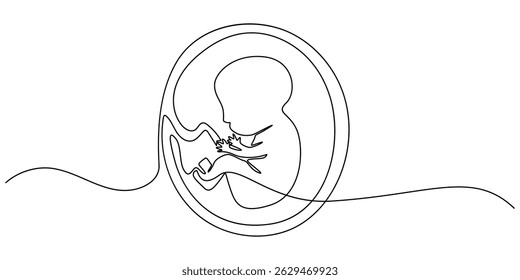 Baby embryo in womb one line drawing. Cute unborn fetus baby on mother womb isolated on white background, Baby embryo in womb in one continuous line drawing. Healthy pregnancy and premature symbol.