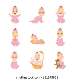 Baby emoji set. Funny cute cartoon character on white background. Girl in pink.