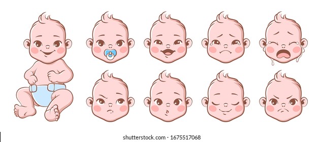 Baby Emotions. Cute Children Emotions Laughing And Crying, Smiling And Angry. Baby, Newborn Portrait Face Emoji, Vector Different Expression Of Characters Set