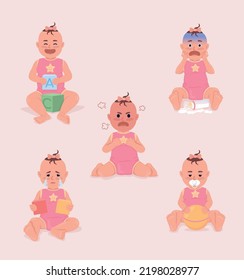 Baby emotions semi flat color vector characters set. Editable figure. Full body people. Simple cartoon style illustration for web graphic design and animation collection. Quicksand font used