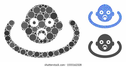 Baby environment composition of spheric dots in various sizes and color tints, based on baby environment icon. Vector round elements are grouped into blue composition.