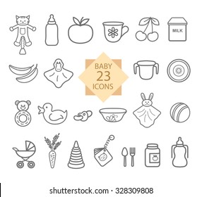  Baby  Equipment.  Set of Line Icons: Toys, Food, Eat, Crockery.