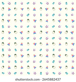 Baby equipment and toys vector pattern: milk pacifier, milk in a jar, and baby ring donut. design vector