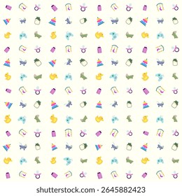 Baby equipment and toys vector patterns: milk pacifier, milk in a jar, duck toys, crib bell toys, baby ring donuts, playstation, and baby carriages. vector