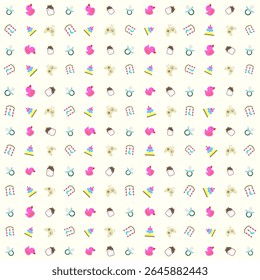 Baby equipment and toys vector patterns: milk pacifier, milk in a jar, duck toy, crib bell toys, baby ring donut, and playstation. vector