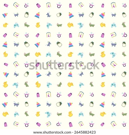 Baby equipment and toys vector patterns: milk pacifier, milk in a jar, duck toys, crib bell toys, baby ring donuts, playstation, and baby carriages. vector