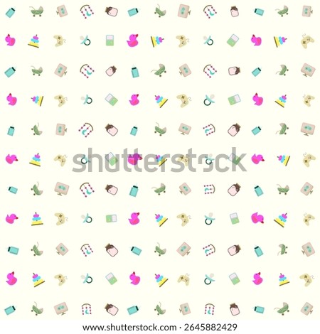 Baby equipment and toys vector patterns: milk pacifier, milk in a jar, duck toys, crib bell toys, baby ring donut, playstation, baby carriage, and game boy. Vector