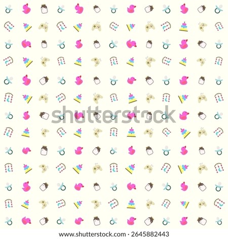 Baby equipment and toys vector patterns: milk pacifier, milk in a jar, duck toy, crib bell toys, baby ring donut, and playstation. vector