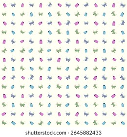 Baby equipment vector pattern, milk pacifier, cute baby carriage. Vector design