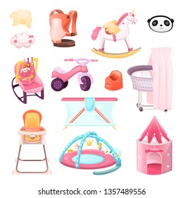 Baby essentials goods set. Vector icons and design elements. Color kids stuff for playing, feeding, nursery. Children shop cartoon illustration.