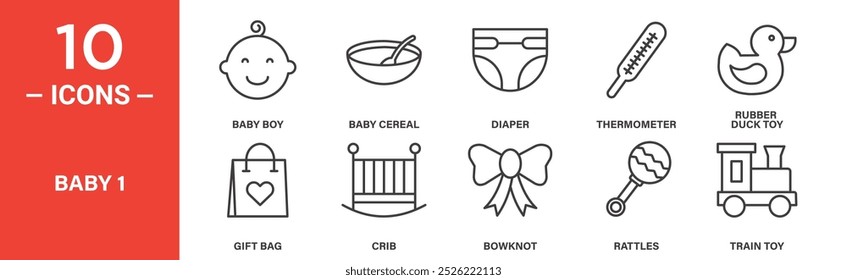 Baby Essentials Icon Set: 10 Line Icons Including Diaper, Crib, Rubber Duck Toy, and Baby Cereal