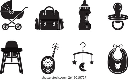 Baby Essentials Icon Set Stroller, Mochila, Garrafa, Pacificador, Cadeira Alta, Monitor, Móvel, Bib Isolado no Fundo Branco