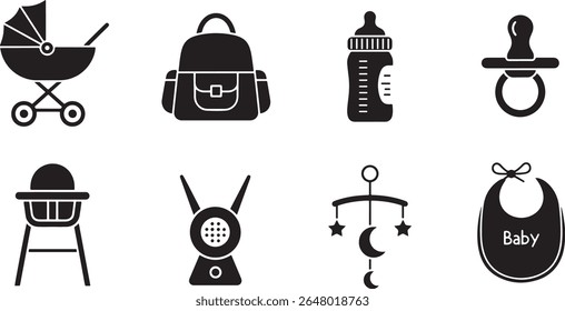 Baby Essentials Icon Set Stroller, Mochila, Garrafa, Pacificador mais, Bib isolado no fundo branco