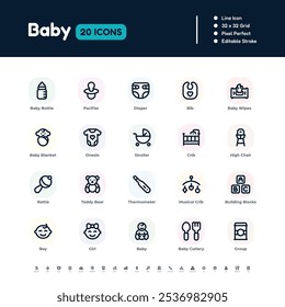 Baby Essentials Line Icon Set – Pixel Perfect Editable Stroke Vector Design