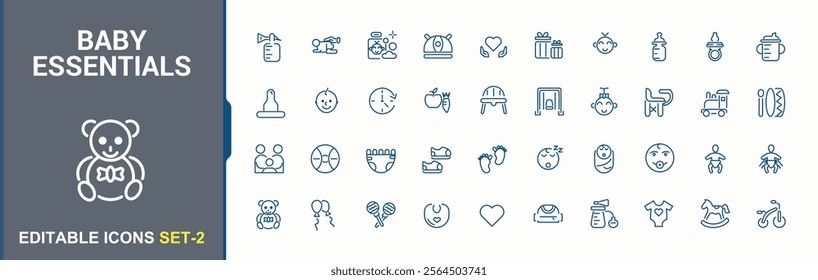 Baby Essentials linear icon. Icons toy, health, boy, feeding, care, food, protect, childhood. Minimalistic icon. Editable vector icon and illustration.