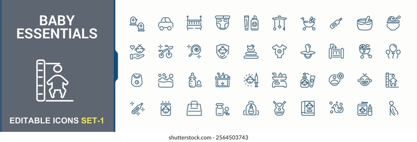 Baby Essentials linear icon. Icons toy, health, boy, feeding, care, food, protect, childhood. Minimalistic icon. Editable vector icon and illustration.