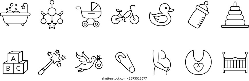 Baby Essentials and Nursery Icons, Play, Care, and Parenthood Symbols.