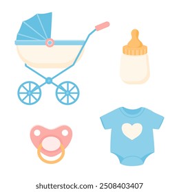 Baby Essentials Pram, Bottle, Pacifier, and bodysuit