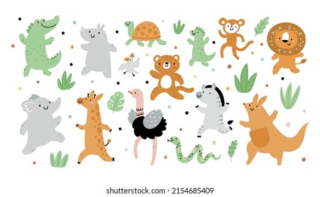 Baby exotic animal collection. Giraffe, zebra, monkey, kangaroo, tiger, lion, lizard, parrot, turtle, elephant vector cartoon illustration. Childish animals characters set isolated on white background