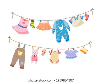 Baby fabric apparel. Baby girls and boys clothes hanging on clothesline. Drying children clothes and accessories after washing on rope. Shorts, socks, sweater, hat, toys, T-shirt, sarafans flat vector