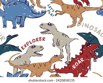 diseño de patrones de tejido de bebé con dibujo de dibujos animados de dinosaurios como vector